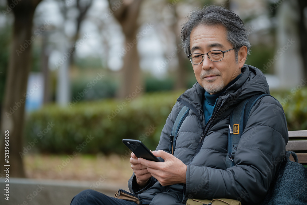 公園のベンチでスマホを見るめがねをかけた男性 公園のベンチでスマホを見るめがねをかけた男性