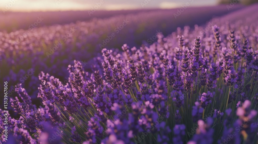 Obraz premium A vibrant lavender field at sunset.