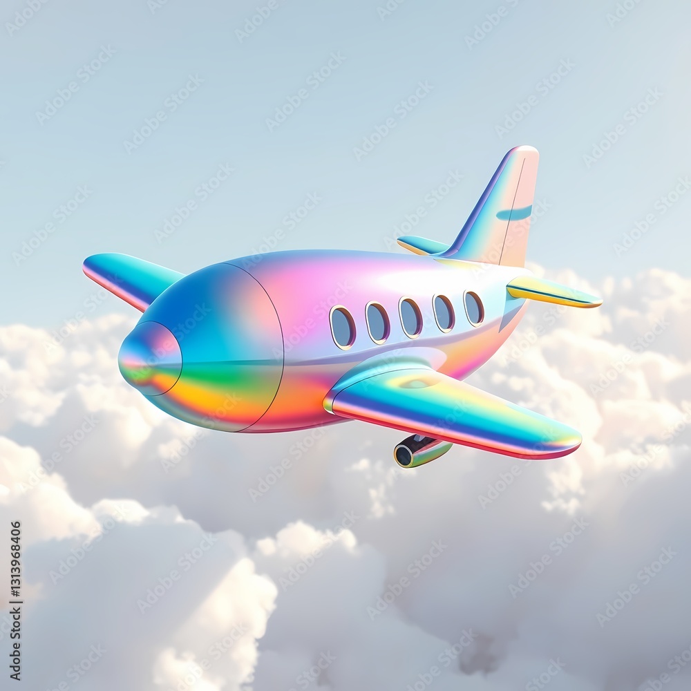 Fototapeta premium Dreamy Flight: A whimsical airplane soars through a pastel-colored sky above fluffy clouds, inviting viewers to embark on a journey of imagination.