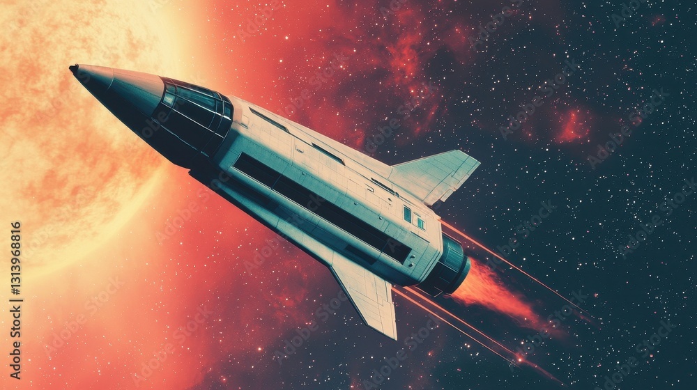 Fototapeta premium Futuristic Rocket Launching into Space Against Fiery Solar Background