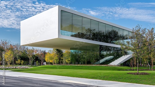 Modern White Cantilevered Building with Glass Windows
