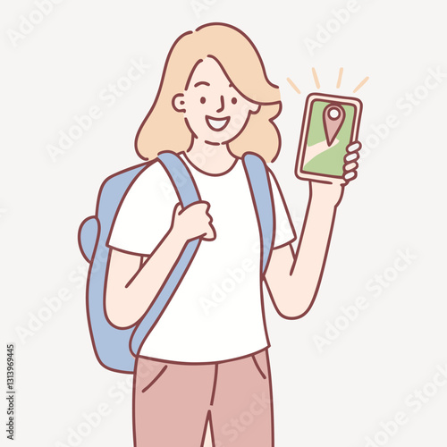 Hand holding mobile phone and searching route and location with GPS map app. Person use smartphone screen with navigator application style vector