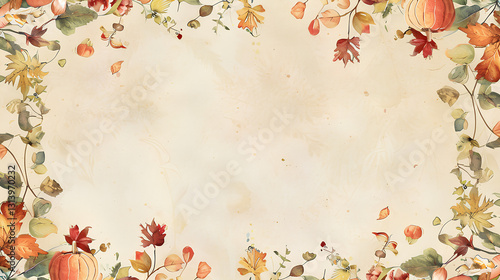 lank paper with an autumn border made of leaves and pumpkins, watercolor style. The background is beige with subtle floral patterns