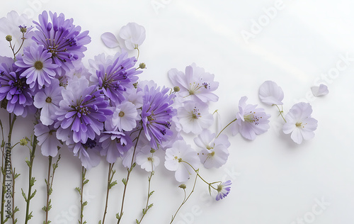 closeup, purple flowers on white background