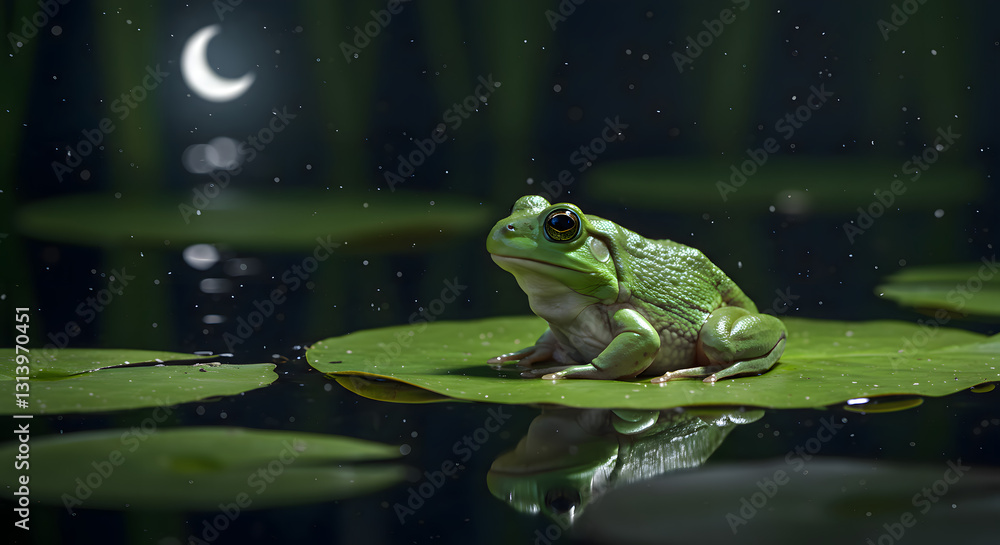 Obraz premium Green Frog Perched on a Lily Pad in a Misty Forest