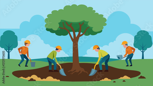 The ground beneath a large tree is disturbed as workers use shovels to dig down to a gas pipe that is suspected to be leaking.. Vector illustration