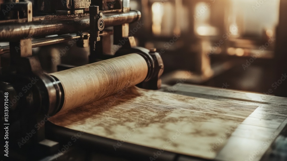 Fototapeta premium An old printing press rolling paper across a surface for production