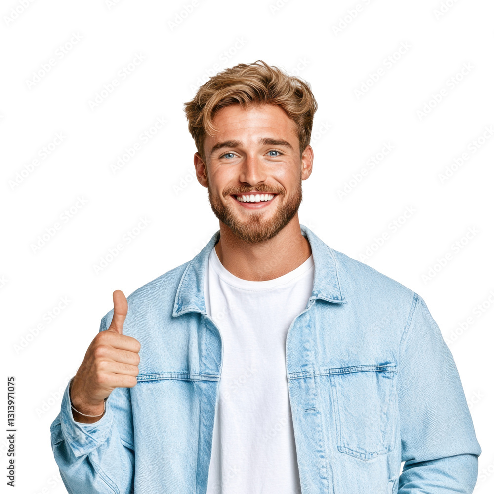 Fototapeta premium Cheerful young man in casual attire showing thumbs up gesture with a positive expression against a white background