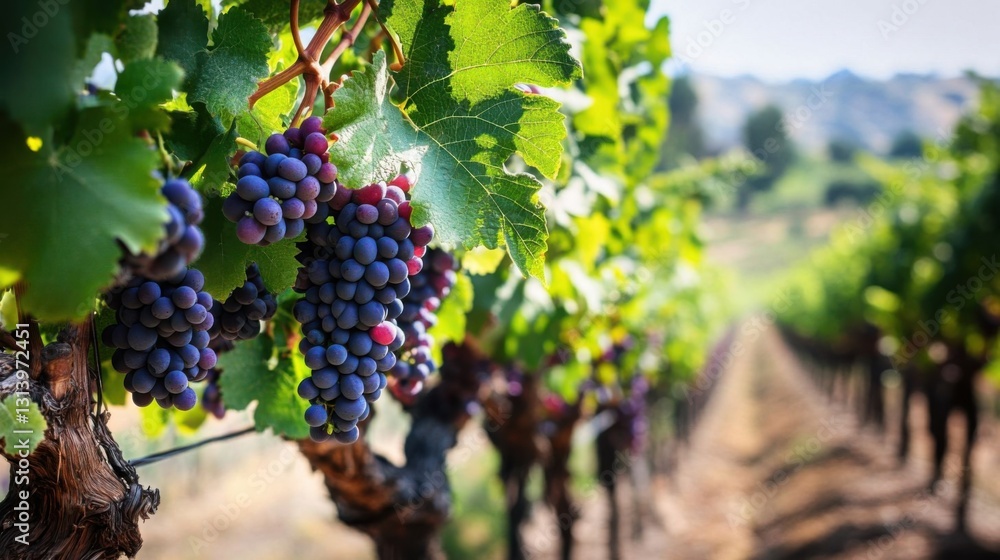Fototapeta premium Ripe grapes hang in a vineyard.