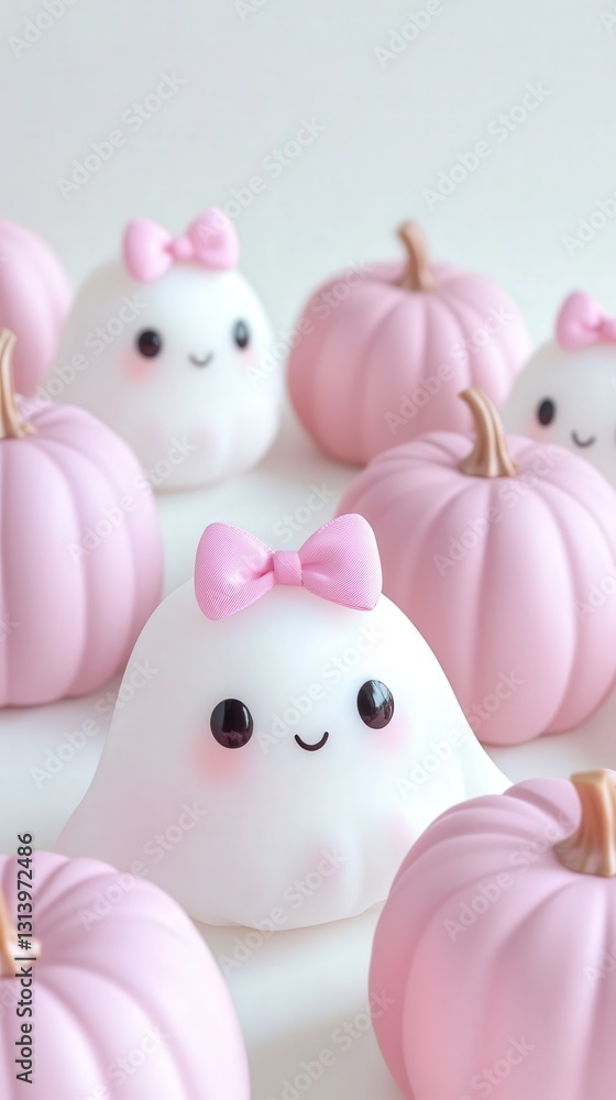 multiple cute kawaii ghosts, each featuring a pink bow on their head, surrounded by pastel pink pumpkins, set against a clean white background. multiple cute kawaii ghosts, each featuring a pink bow on their head, surrounded by pastel pink pumpkins, set against a clean white background.