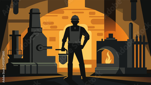 Against the backdrop of the industrial furnace the coal stokers silhouette looked like a figure from a painting dedicated and skilled in his craft.. Vector illustration