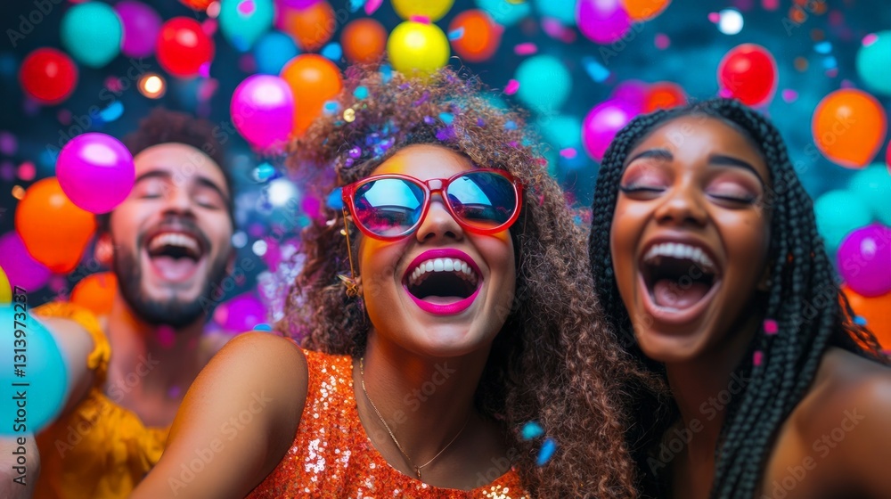 Joyful Celebration with Friends in Colorful Party Atmosphere Joyful Celebration with Friends in Colorful Party Atmosphere
