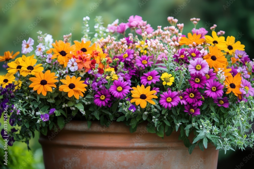 Fototapeta premium Colorful flower arrangements in pots vibrant garden designs floral display
