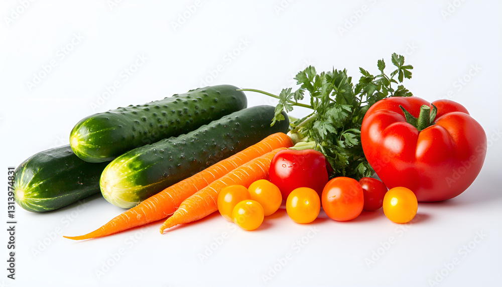 Fresh mixed vegetables including tomatoes, cucumbers, and bell pepper for healthy eating and cooking