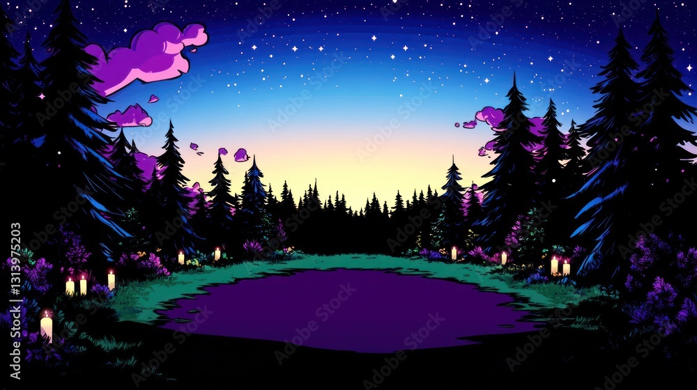 Forest clearing at night, lamps glowing, stars twinkling, purple sky, trees looming Forest clearing at night, lamps glowing, stars twinkling, purple sky, trees looming