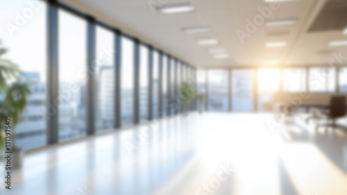 Beautiful blurred background of a light modern office interior with panoramic windows and beautiful lighting. Ai Generated Images