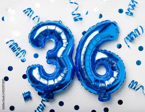 Blue balloon number 36 for thirty-sixth birthday or anniversary party. White background with confetti photo