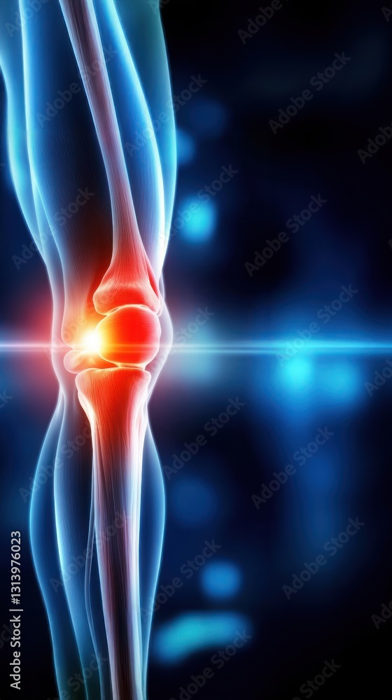 Close up of knee joint with pain highlighted in red on one side against a plain background, focus on arthritis and joint health with clear inflammation detail Close up of knee joint with pain highlighted in red on one side against a plain background, focus on arthritis and joint health with clear inflammation detail