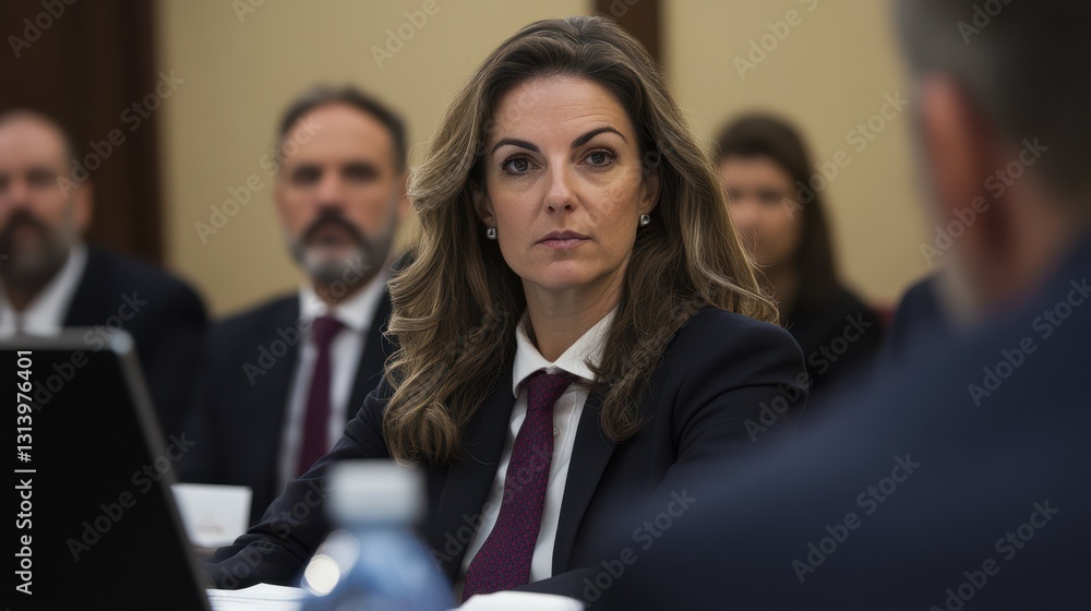 A woman with long hair sits attentively at a conference table, engaged in a serious discussion with colleagues. Her expression reflects concentration and professionalism A woman with long hair sits attentively at a conference table, engaged in a serious discussion with colleagues. Her expression reflects concentration and professionalism