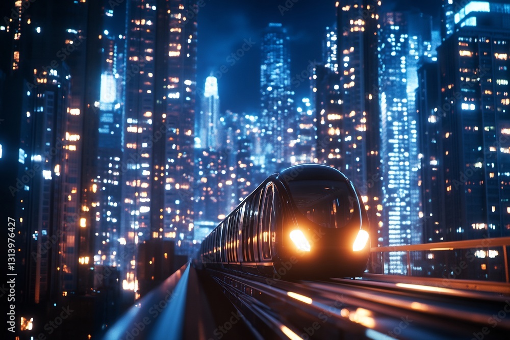Monorail passing through illuminated city skyscrapers at night Monorail passing through illuminated city skyscrapers at night