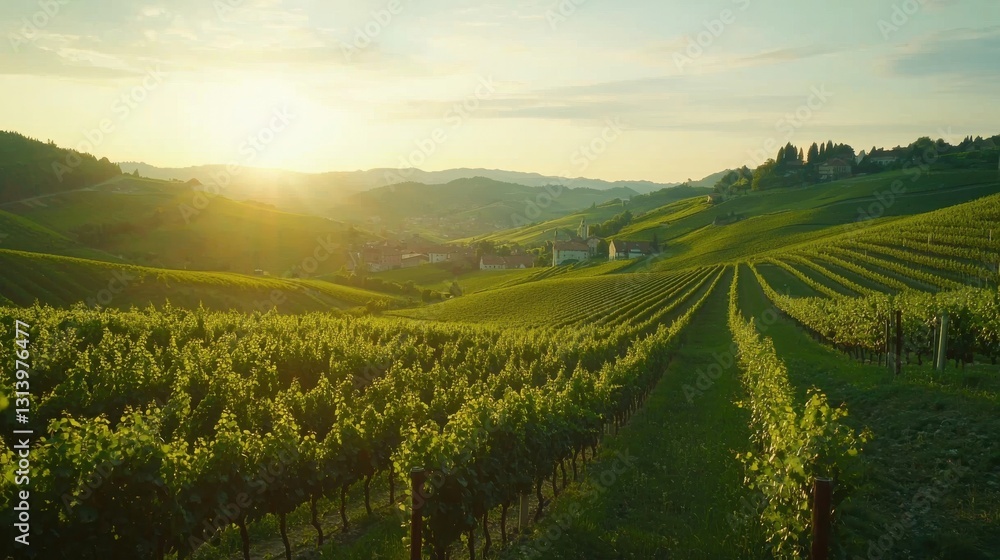 Fototapeta premium A picturesque vineyard at sunset, showcasing rows of lush grapevines against rolling hills and a serene sky.