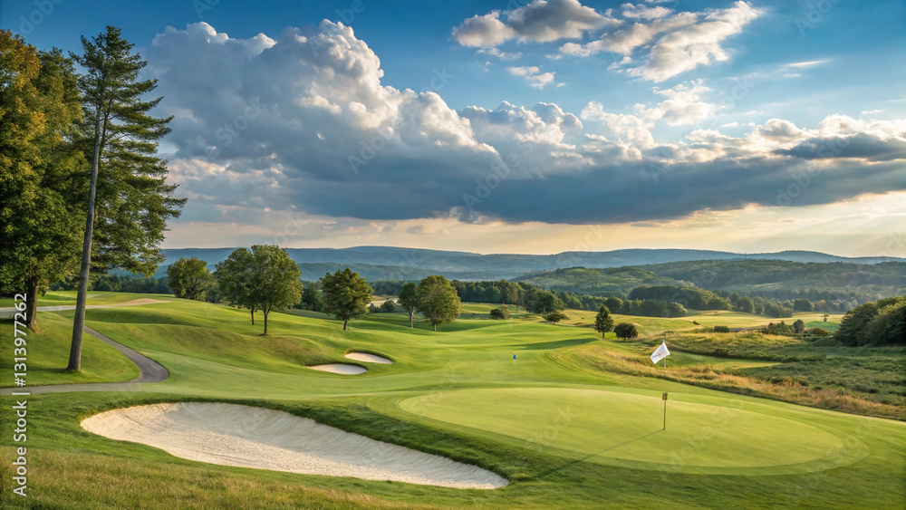 Golf course panorama, lush green fairways, sand bunkers Golf course panorama, lush green fairways, sand bunkers