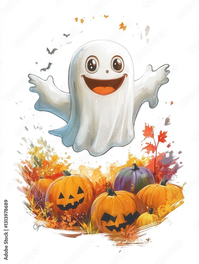 Casper and Slimer, with big sparkling eyes and a cheeky grin, floats happily above a colorful pumpkin patch on a clean white backdrop Casper and Slimer, with big sparkling eyes and a cheeky grin, floats happily above a colorful pumpkin patch on a clean white backdrop
