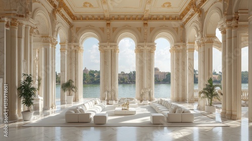 it features white marble columns and a classical design evoking a feeling of luxury and history