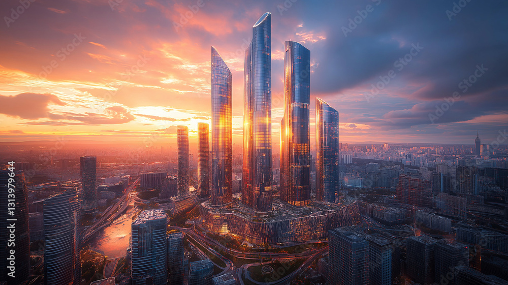 Fototapeta premium Futuristic City Skyline at Sunset with Sleek Glass Skyscrapers