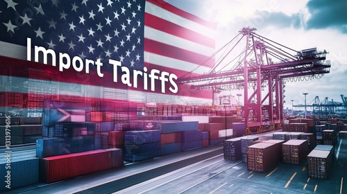 American flag overlay on shipping port with cargo containers and cranes symbolizing import tariffs