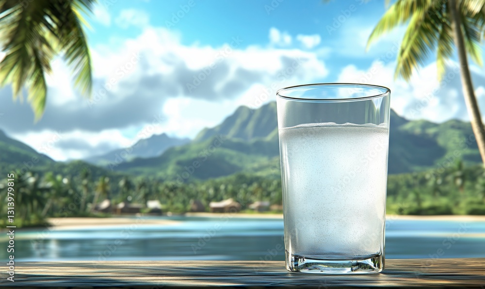Φωτογραφία Cold glass of coconut water on a wooden table with tropical island background an