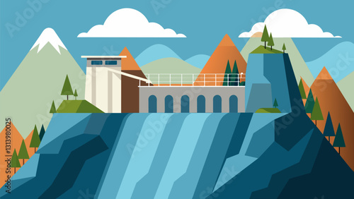 Perched atop the rocky cliffs the mountain hydroelectric facility hummed with the steady flow of water generating electricity for the surrounding. Vector illustration