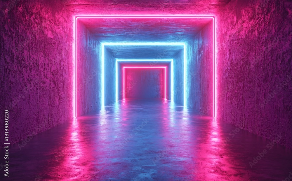 A 3D rendering featuring red and blue neon lights illuminating a tunnel-like corridor with empty space, ultraviolet accents, and an 80's retro aesthetic reminiscent of a fashion show stage set A 3D rendering featuring red and blue neon lights illuminating a tunnel-like corridor with empty space, ultraviolet accents, and an 80's retro aesthetic reminiscent of a fashion show stage set