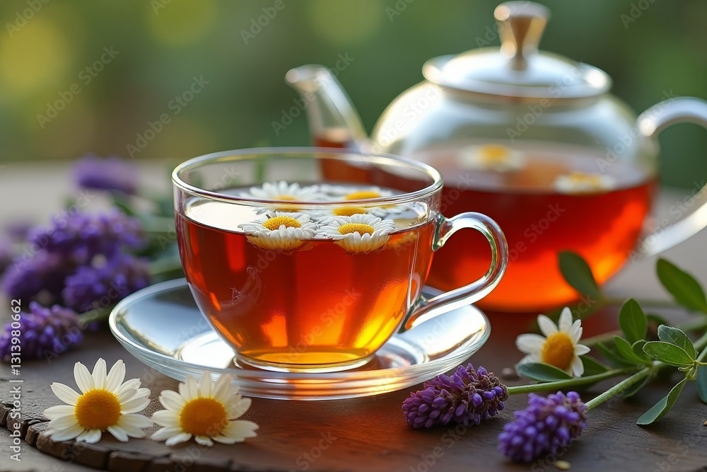 spring mood. a cup of tea with petals in it, surrounded by lavender and chamomile flowers