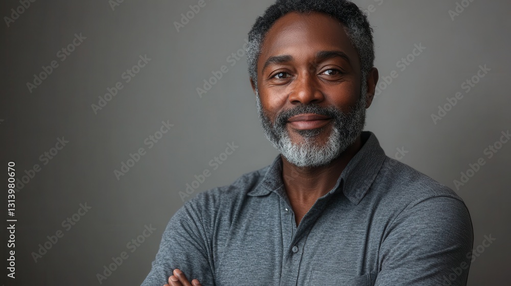 joyful middle aged black man with beard and graying hair arms crossed in gray t shirt on white background joyful middle aged black man with beard and graying hair arms crossed in gray t shirt on white background