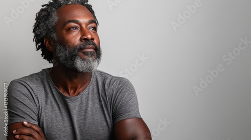 joyful middle aged black man with beard and graying hair arms crossed in gray t shirt on white background