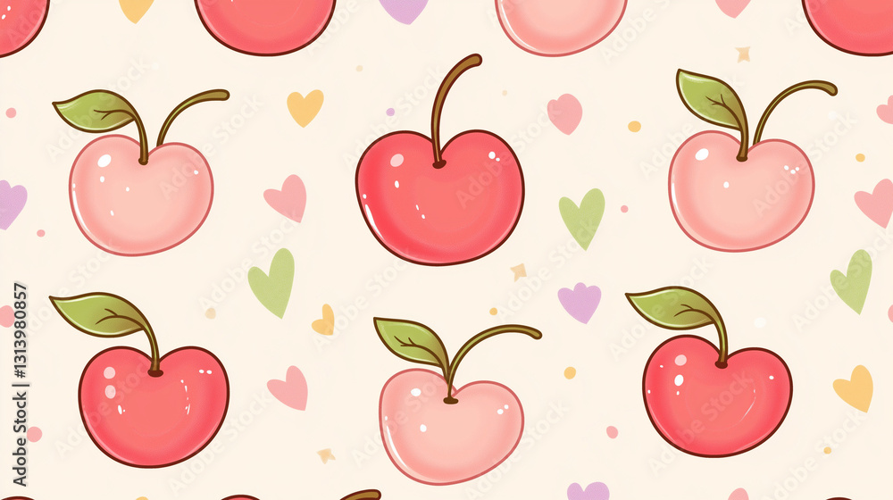 Cute Pink Cherry Pattern with Colorful Hearts in a Seamless Design for Backgrounds and Textiles Cute Pink Cherry Pattern with Colorful Hearts in a Seamless Design for Backgrounds and Textiles