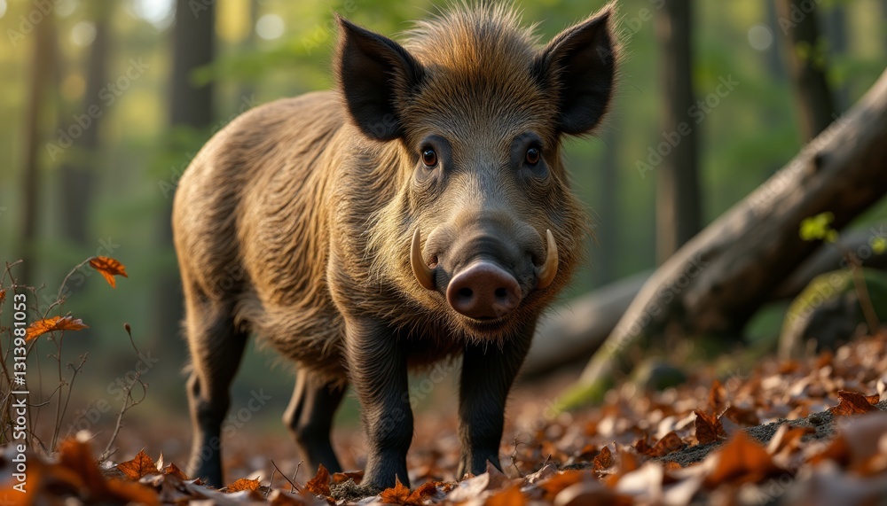 Wild boar stands on forest floor covered with autumn leaves and rocks, surrounded by tall trees. Detailed fur and curious expression make it an engaging subject for wildlife and nature-themed projects Wild boar stands on forest floor covered with autumn leaves and rocks, surrounded by tall trees. Detailed fur and curious expression make it an engaging subject for wildlife and nature-themed projects