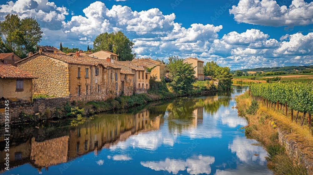 Picturesque canal-side village with reflections and vineyards. Picturesque canal-side village with reflections and vineyards.