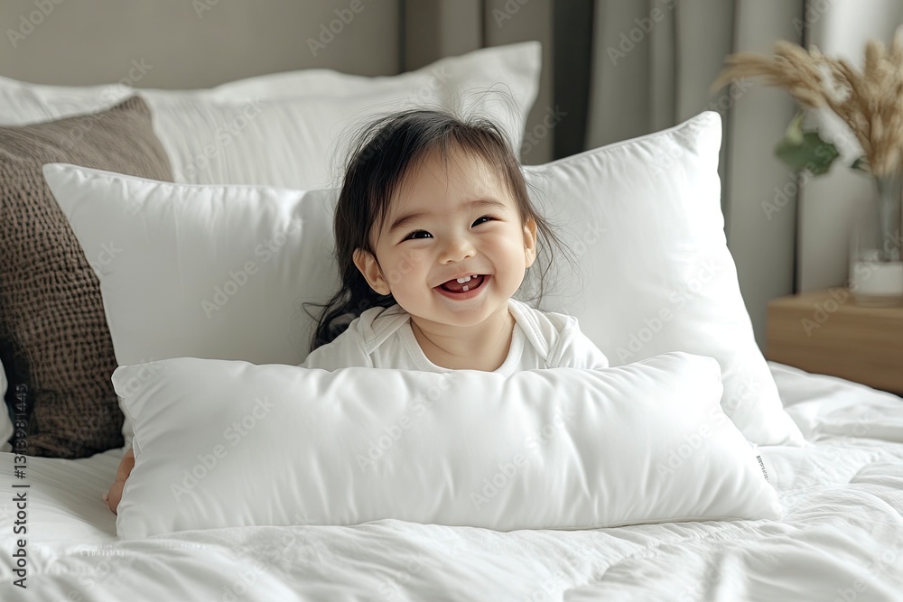 Cute, smiling Asian baby girl on a white pillow on a bed, a portrait of a happy, adorable, laughing Asian child looking at the camera, a fun and playful stock photo with 2/3 of the image available. Cute, smiling Asian baby girl on a white pillow on a bed, a portrait of a happy, adorable, laughing Asian child looking at the camera, a fun and playful stock photo with 2/3 of the image available.