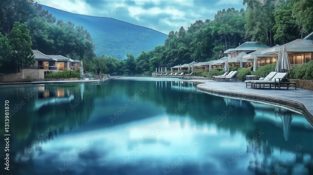Fototapeta premium Luxury lakeside resort with modern wooden cottages reflecting in calm water, surrounded by lush greenery and forest. Perfect tranquil vacation spot with copy space.