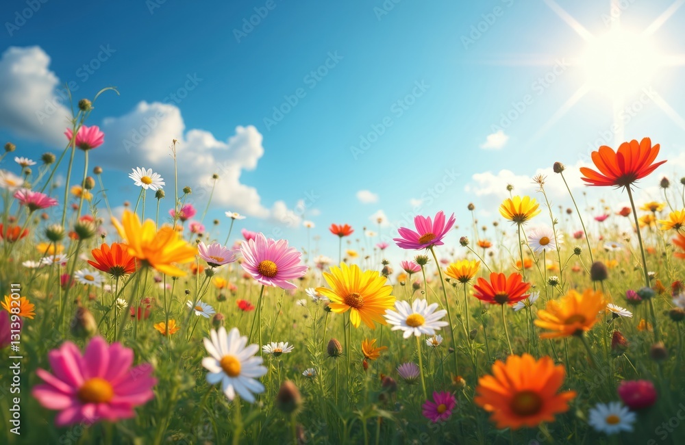 Vibrant summer wildflower meadow with clear blue sky. Multicolored flowers bloom, bright sun rays create peaceful ambiance. Green field, sunshine, scenic nature beauty landscape. Blossoming flowers. Vibrant summer wildflower meadow with clear blue sky. Multicolored flowers bloom, bright sun rays create peaceful ambiance. Green field, sunshine, scenic nature beauty landscape. Blossoming flowers.