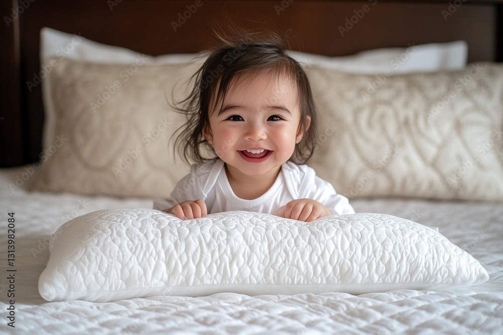 Cute, smiling Asian baby girl on a white pillow on a bed, a portrait of a happy, adorable, laughing Asian child looking at the camera, a fun and playful stock photo with 2/3 of the image available. Cute, smiling Asian baby girl on a white pillow on a bed, a portrait of a happy, adorable, laughing Asian child looking at the camera, a fun and playful stock photo with 2/3 of the image available.