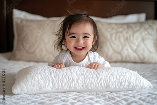 Wallpaper Mural Cute, smiling Asian baby girl on a white pillow on a bed, a portrait of a happy, adorable, laughing Asian child looking at the camera, a fun and playful stock photo with 2/3 of the image available. Torontodigital.ca