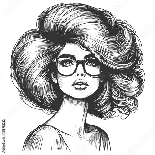 woman with large glasses and voluminous wavy hair, gazing thoughtfully sketch engraving generative ai fictional character vector illustration. Scratch board imitation. Black and white image.