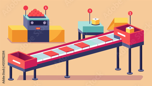 Despite the loud noises and constant movement the sorting conveyor belt is a carefully orchestrated dance of precision and efficiency.. Vector illustration