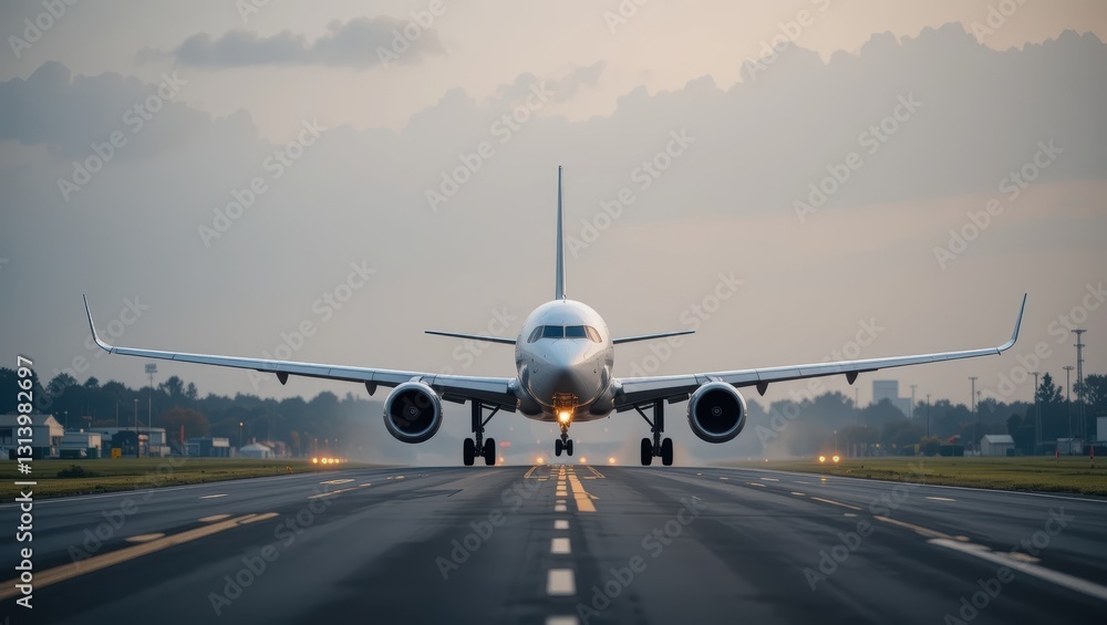 Passenger Airplane Preparing for Takeoff on a Runway at Dusk with Dramatic Clouds in the Sky Passenger Airplane Preparing for Takeoff on a Runway at Dusk with Dramatic Clouds in the Sky