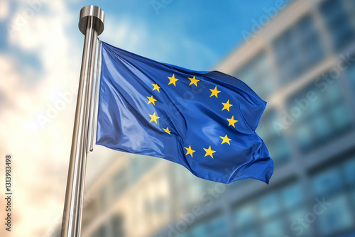 Flagge der Europäschen Union whet vor Bürogebäude, im Hintergrund blauer Himmel, erstellt mit generativer KI