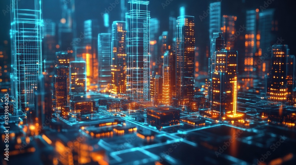 Futuristic city skyline with digital lines Futuristic city skyline with digital lines