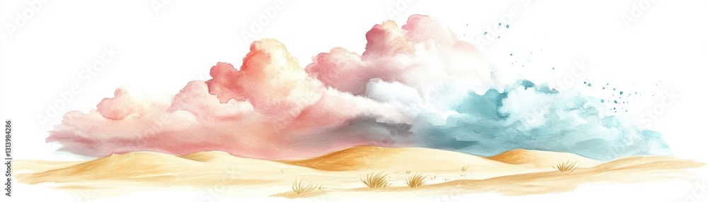 A serene watercolor scene featuring soft clouds in pastel colors above rolling desert dunes. A serene watercolor scene featuring soft clouds in pastel colors above rolling desert dunes.